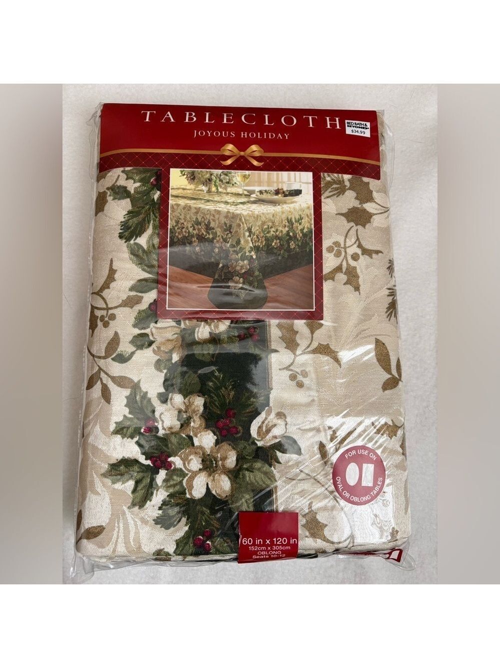 Bed Bath & Beyond Holiday Tablecloth - Cream and Green